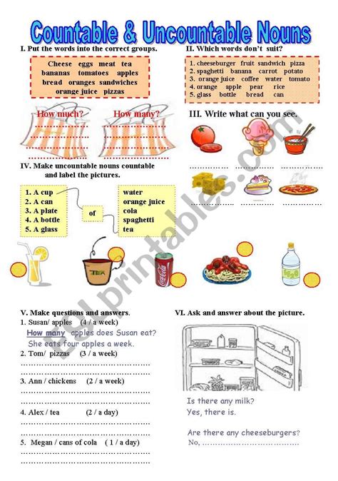 Countable And Uncountable Nouns Esl Worksheet By Kakarinaa