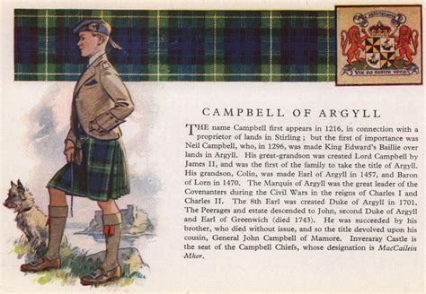 Campbell Of Argyll Scotland Scottish Clans Tartans Arms 1957 Old Print