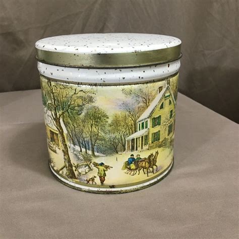 Vintage Currier And Ives Covered Tin Box Winter And Summer Scenes Tins