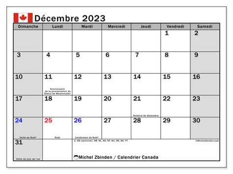 Calendrier Décembre 2023 Canada Michel Zbinden Fr