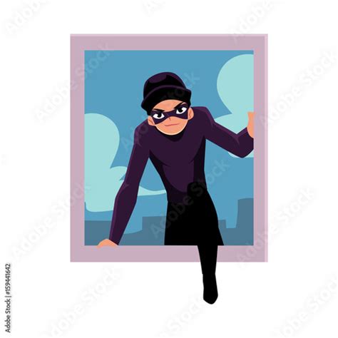 Thief Burglar Breaking Into House Through Window Cartoon Vector