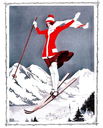 French Pinups La Vie Parisienne Redhead Girl Skiing Leonnec 1914