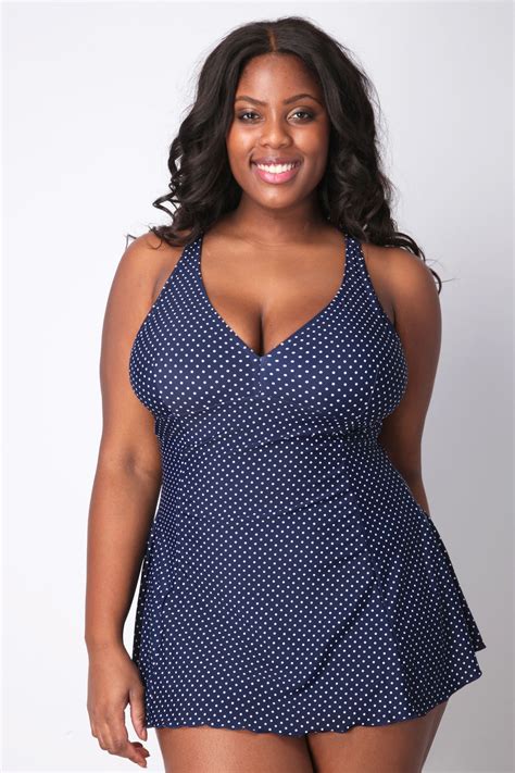 Navy Polka Dot Skirted Swimsuit With Tummy Control Plus Size 161820