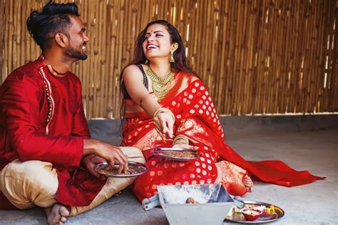 premium photo indian couple praying with hawan and doing puja