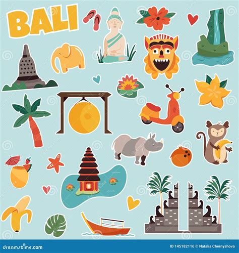 Set Of Stickers With Bali Landmarks And Elements Stock Vector