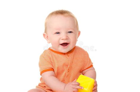 Laughing Baby Boy With Toy Brick Stock Image Image Of Emotions