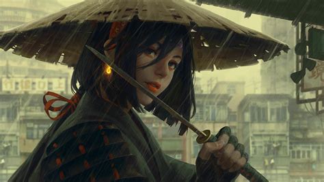 Perfect screen background display for desktop, iphone, pc, laptop, computer, android phone, smartphone, imac, macbook, tablet, mobile device. Japanese Warrior In Rain, Full HD 2K Wallpaper