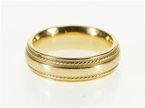 14k Milgrain Grooved Rope Trim Round Wedding Band Yellow Gold Ring