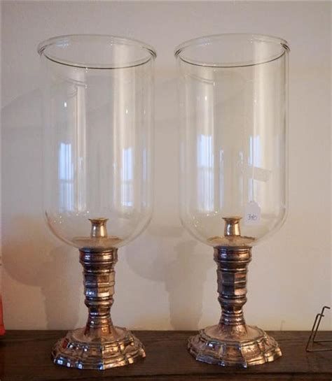 Lot Pair Brass Candle Holders Clear Glass Hurricane Shades
