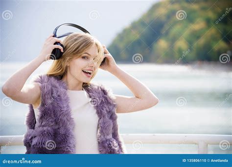 Happy Woman Wearing Headphones Outdoor Stock Photo Image Of Walk