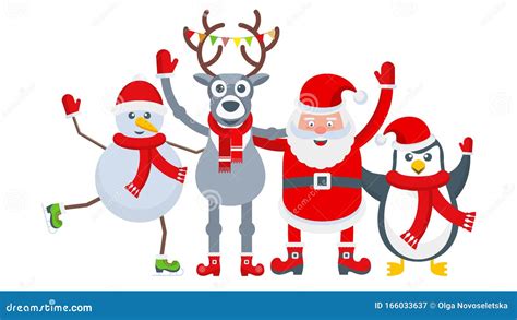 Santa Claus Penguin Snowman And Reindeer Funny Characters Stock Vector Illustration Of