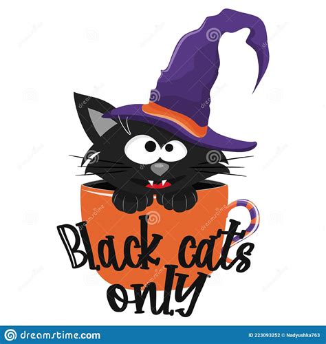 Happy Halloween Text Black Cat In Witch Hat In Cup Vector Illustration