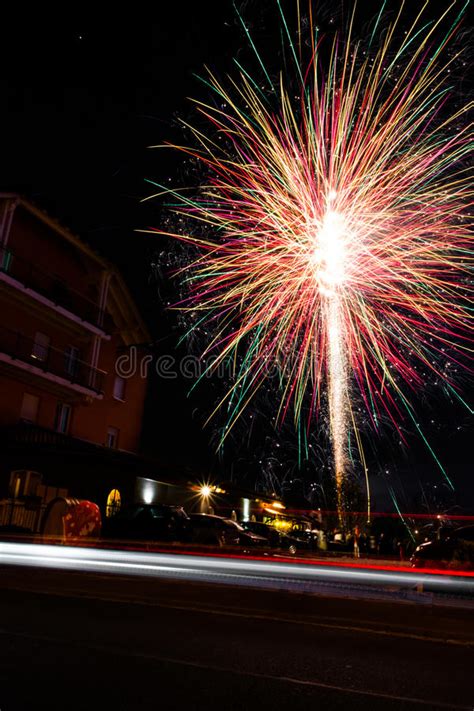 Fireworks Long Exposure Explosion Building Night Celebration Stock