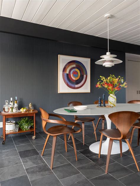 Gray Midcentury Modern Dining Room With Walnut Wood Furniture Hgtv