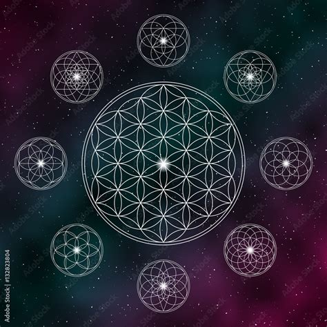 Flower Of Life Sacred Geometry Icons On The Cosmic Background Stock