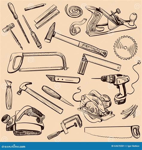 Joinery Icons Set Carpenter Character At Work Stock Vector