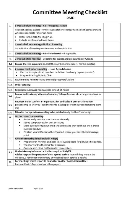 Committee Meeting Checklist Templates At