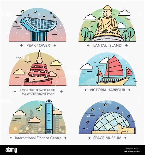 Attractive Hong Kong Travel Collections Design In Thin Line Style Stock