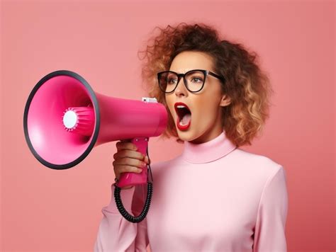 Premium Ai Image Young Woman Shouting Into A Pink Megaphone Against A