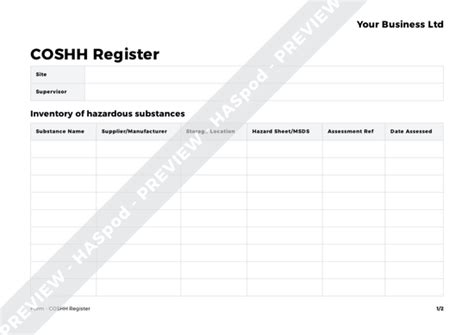 Free Coshh Register Form Template Haspod