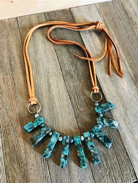 Turquoise Slab Stone Bead Fringe Leather Necklace Etsy Leather
