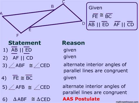 There are five ways to find if two triangles are congruent: Angle Angle Side postulate for proving congruent triangles ...