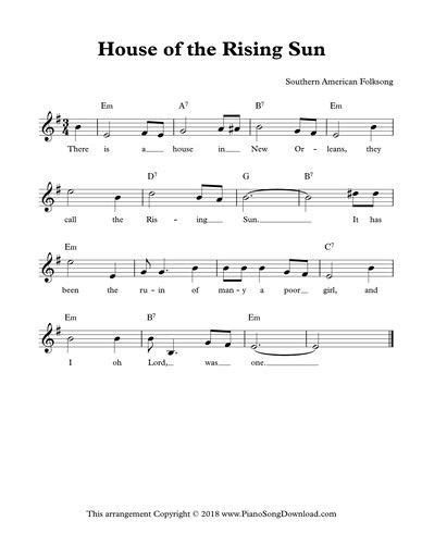 House Of The Rising Sun Free Lead Sheet With Melody Lyrics And Chords