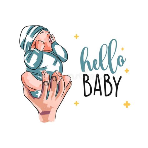 Hello Baby Hand Lettering Cute Card With Baby In Hand Newborn Stock