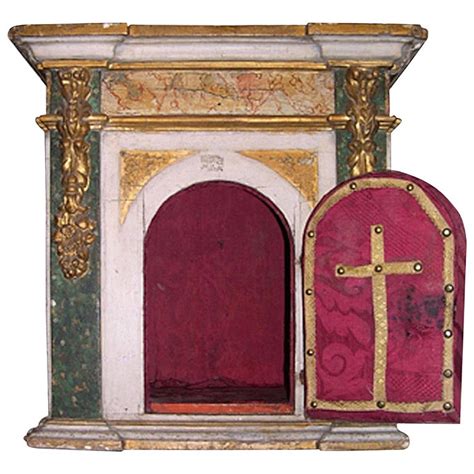 Italian Xix Painted Wood Tabernacle With One Door And Elaborate Fabric