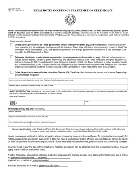 Fillable Hotel Tax Exempt Certificate Printable Pdf Download