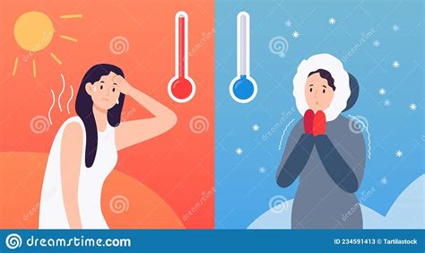 Hot And Cold Weather Concept With Thermometers And Cartoon Character In