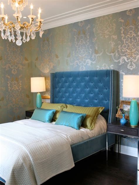 Blue Velvet Tufted Headboard Contemporary Bedroom Summer Thornton Design