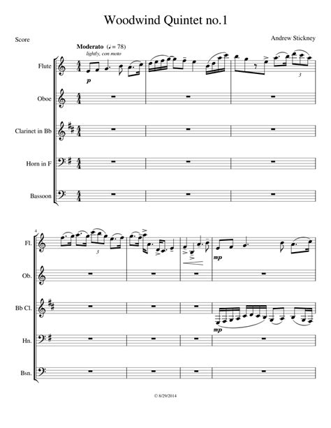 Woodwind Quintet No 1 Sheet Music For Flute Oboe Bassoon Woodwind