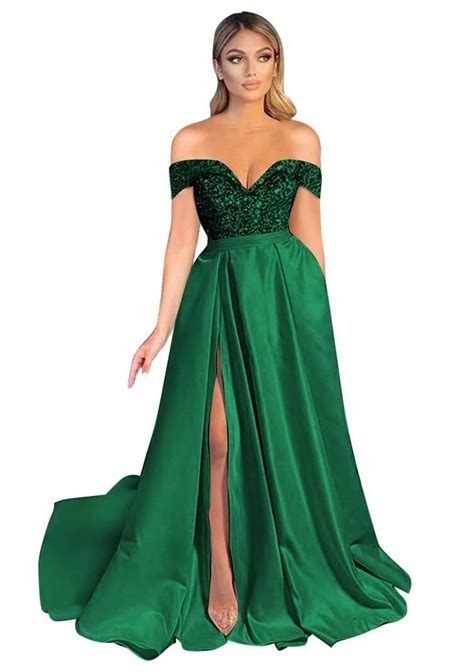 Buy Off Shoulder Sequin Prom Dresses Sparkly Long Satin Ball Gown Split