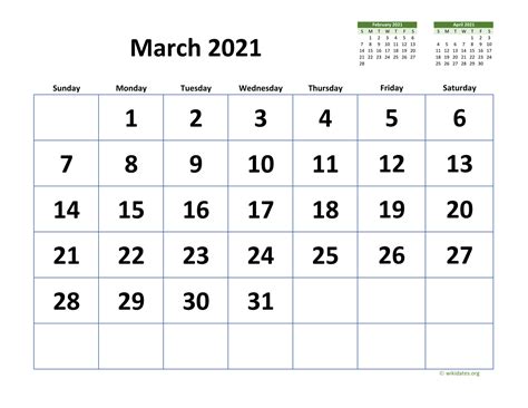 March 2021 Calendar With Extra Large Dates
