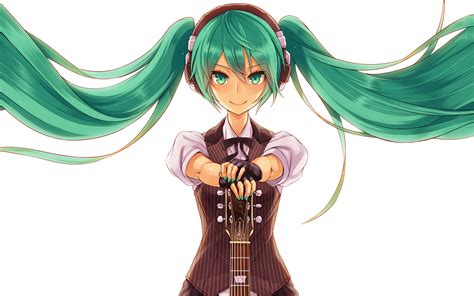 Vocaloid Green Eyes Green Hair Hatsune Miku Long Hair Headphones Guitar Wallpapers Hd