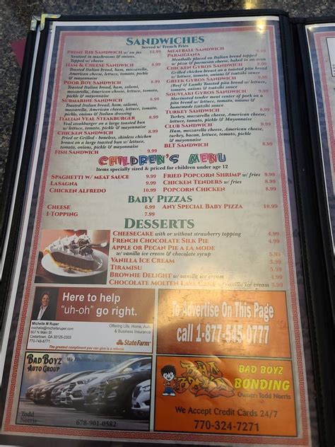 Menu at Zorba's restaurant, Cedartown