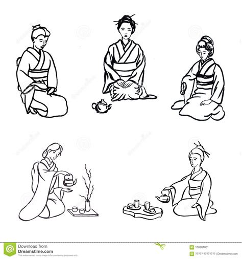 Graphic Ink Japanese Women And Tea Ceremony Stock Illustration