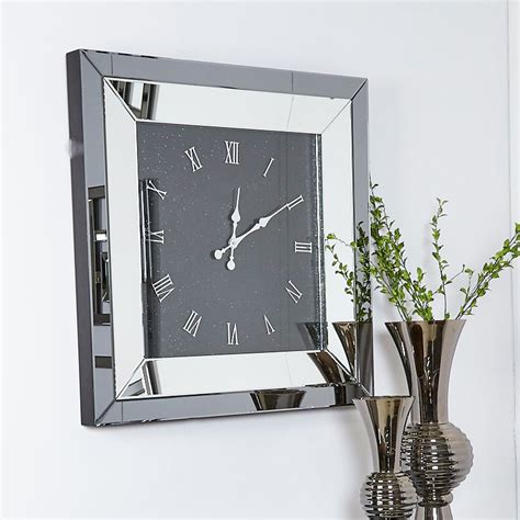 Large Smoked Glass Mirrored Square Wall Clock 90 X 90cm Roman Numerals Picture Perfect Home
