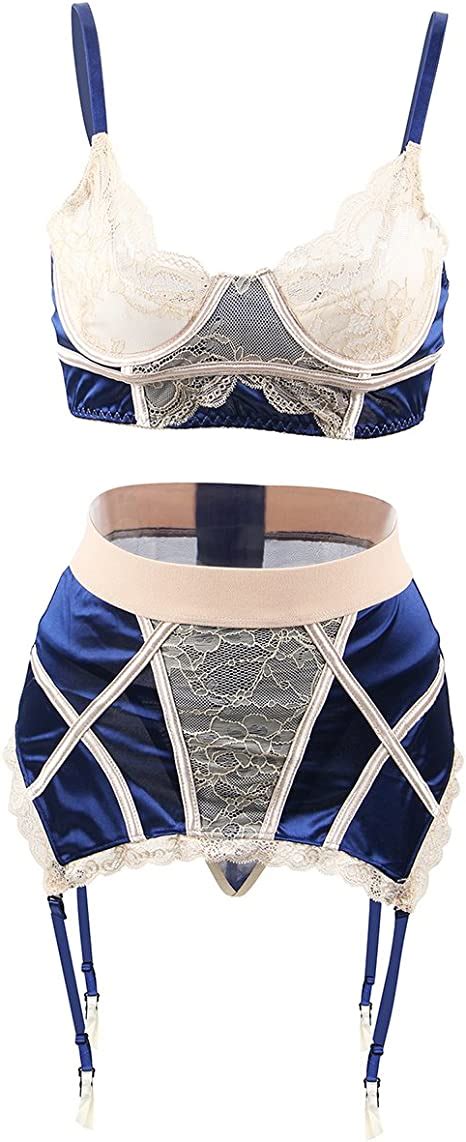 ohyeah women lingerie set plus size lace overlay bra with g sting underwear garter belt navy