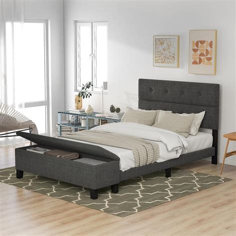 Queen Size Upholstered Platform Bed Frame With Storage Case Modern
