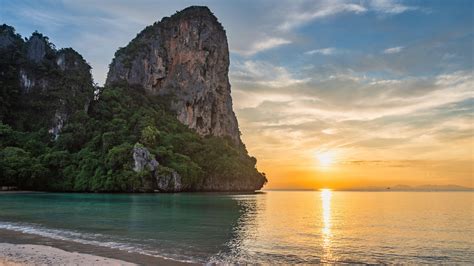 Tropical Islands Sunset View With Ocean And White Sand At Railay Beach