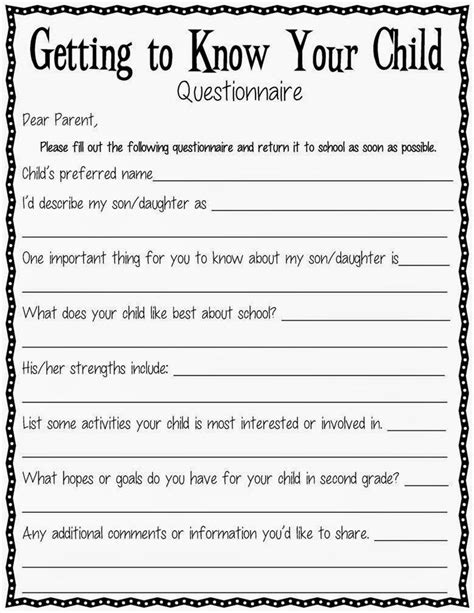 A Getting To Know Your Child Questionnaire Beginning Of Year