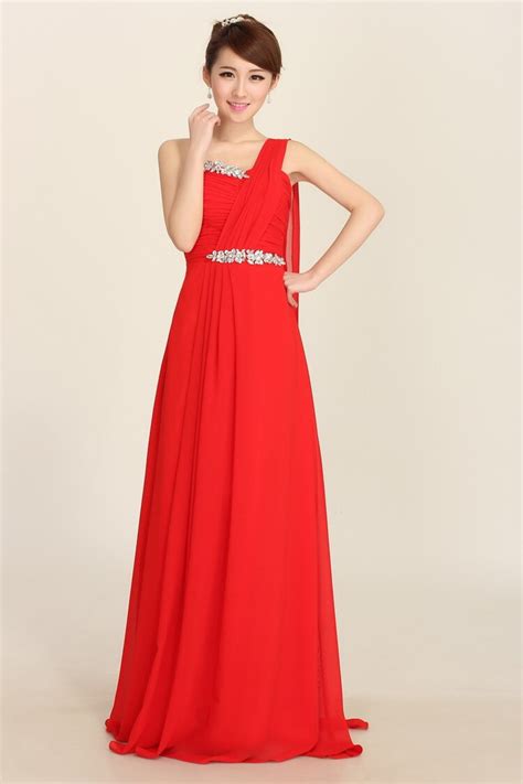 Hot Sale Red Color Chiffon Long Evening Dress 2016 Elegant One Shoulder