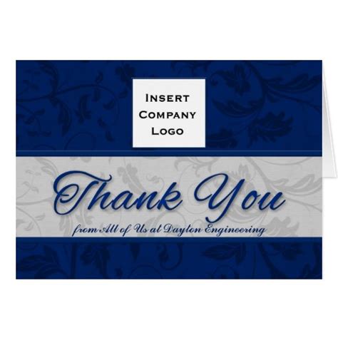 Business Logo Custom Thank You Blue Damask Card Zazzle