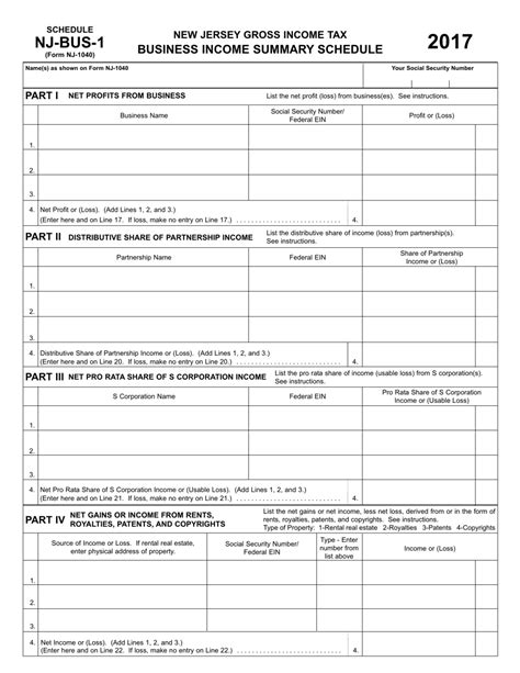 Form Nj 1040 Schedule Nj Bus 1 2017 Fill Out Sign Online And