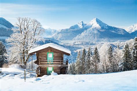 Alpine Mountain Scenery With Cabin In Winter Stock Photo Image Of