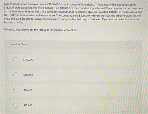 [Solved] Alpaca Corporation had revenues of $200,000 in its first year