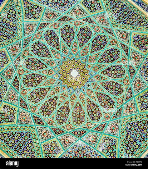 The Close Up Of Intricate Persian Mosaic Patterns Of Dome Of The Open Pavilion Of Hafez Tomb