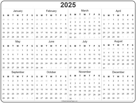 Blank Calendar 2025 Printable Yearly Tyne Stesha